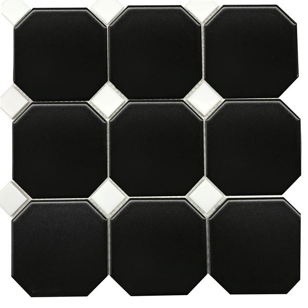Large Black Hexagonal With White Inset Matt Porcelain Mosaic 300 x 300mm