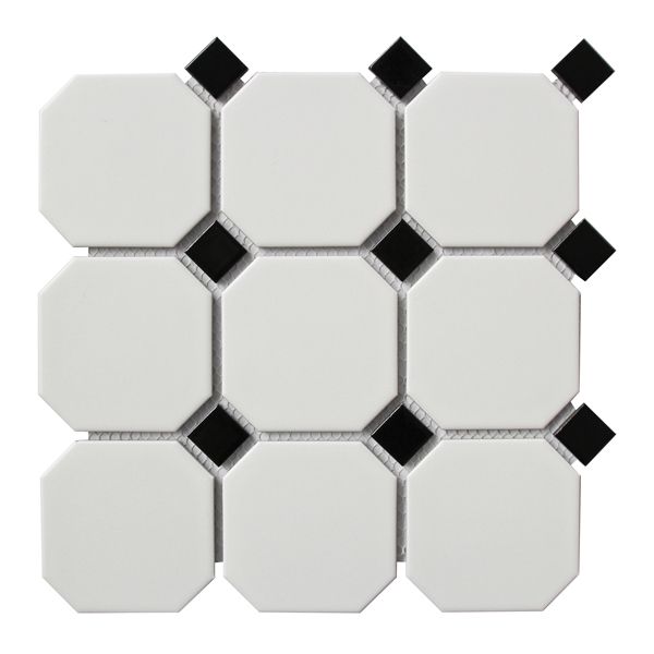 Large White Octagonal Porcelain Mosaic With Black Insert 300 x 300mm